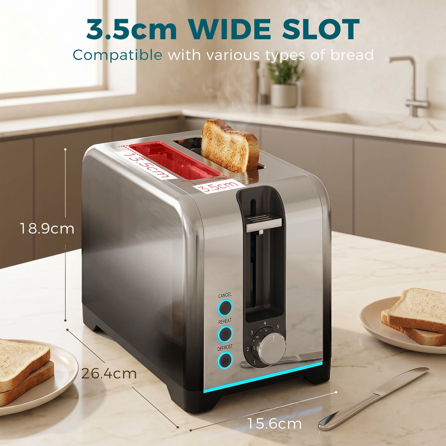 HOMCOM 2 Slice Toaster With 7 Browning Levels Reheat Defrost And Cancel Functions