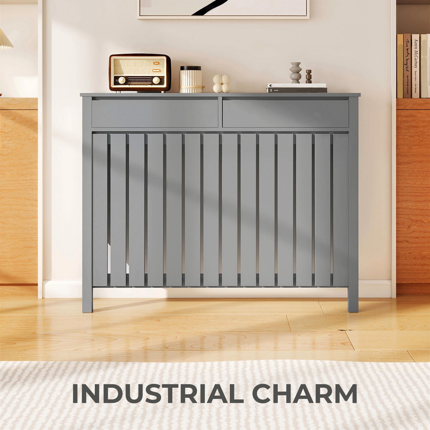 HOMCOM 93 x 119 Cm Modern Slim Radiator Cover Grey With Vertical Slats MDF Panel For Safe Heat Flow
