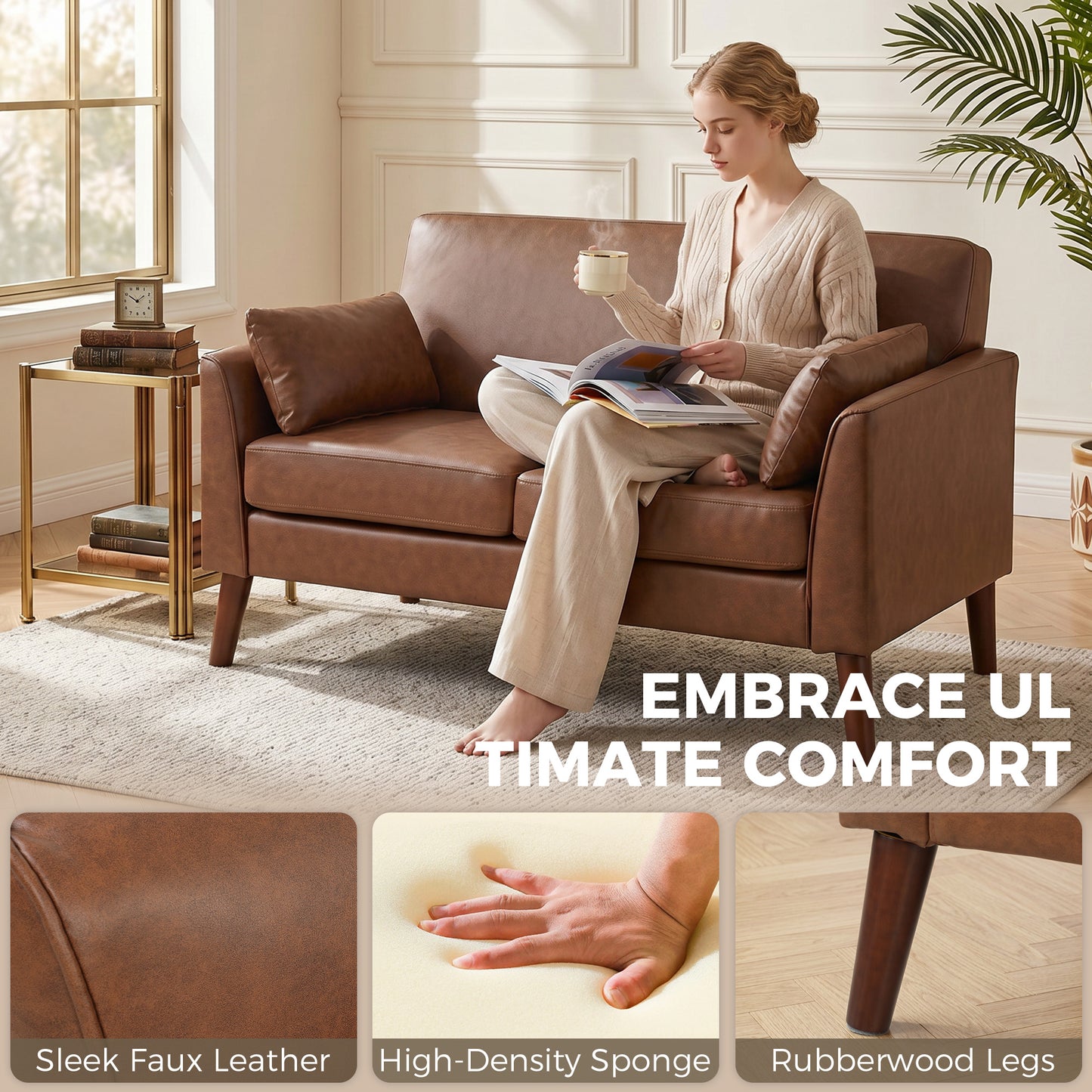 HOMCOM 2 Seater Sofa 132 Cm Modern Small Sofa With Solid Wood Legs And 2 Pillows For Small Space Brown