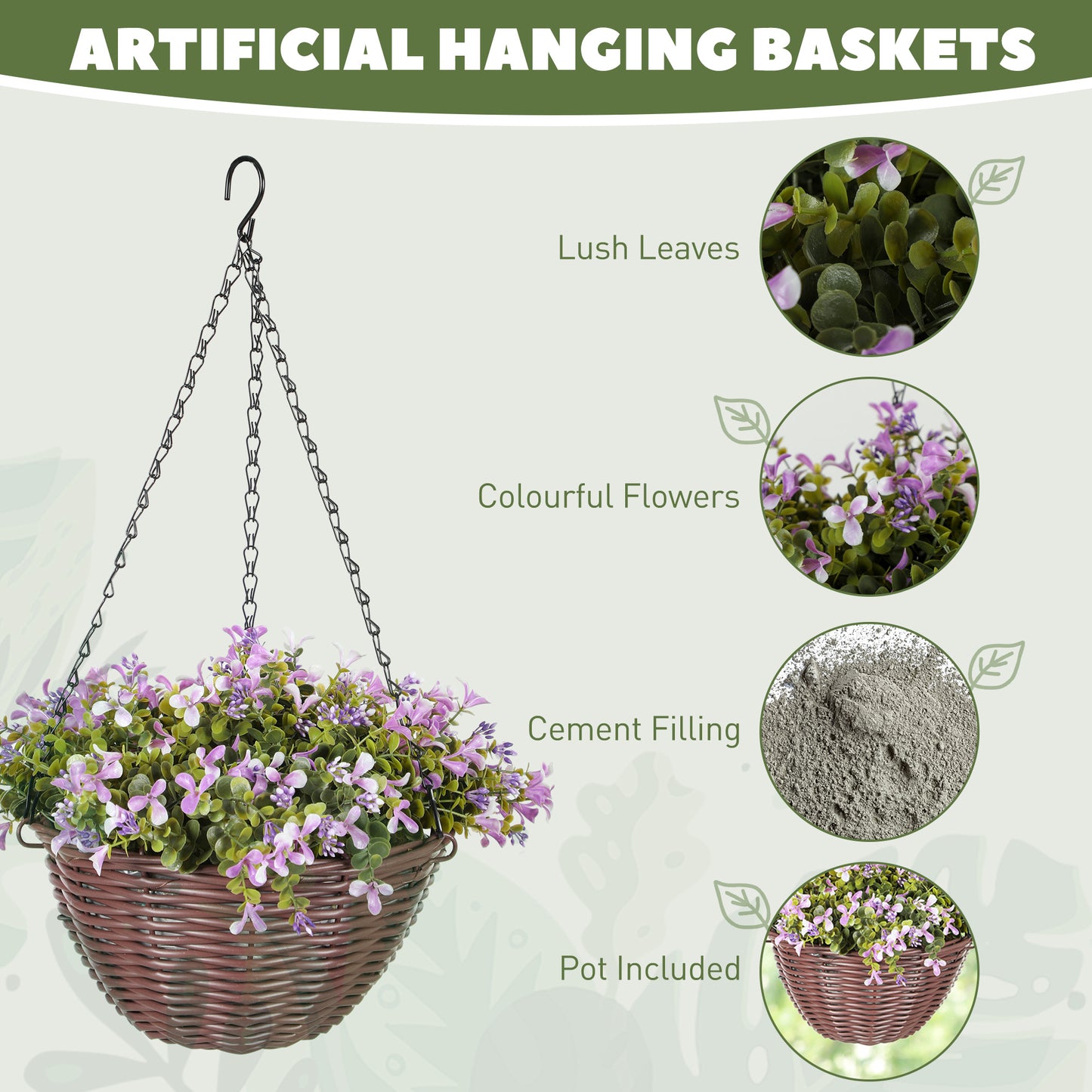 HOMCOM Set of 2 Purple Artificial Hanging Baskets with Lush Leaves and Flowers for Home and Office Decor
