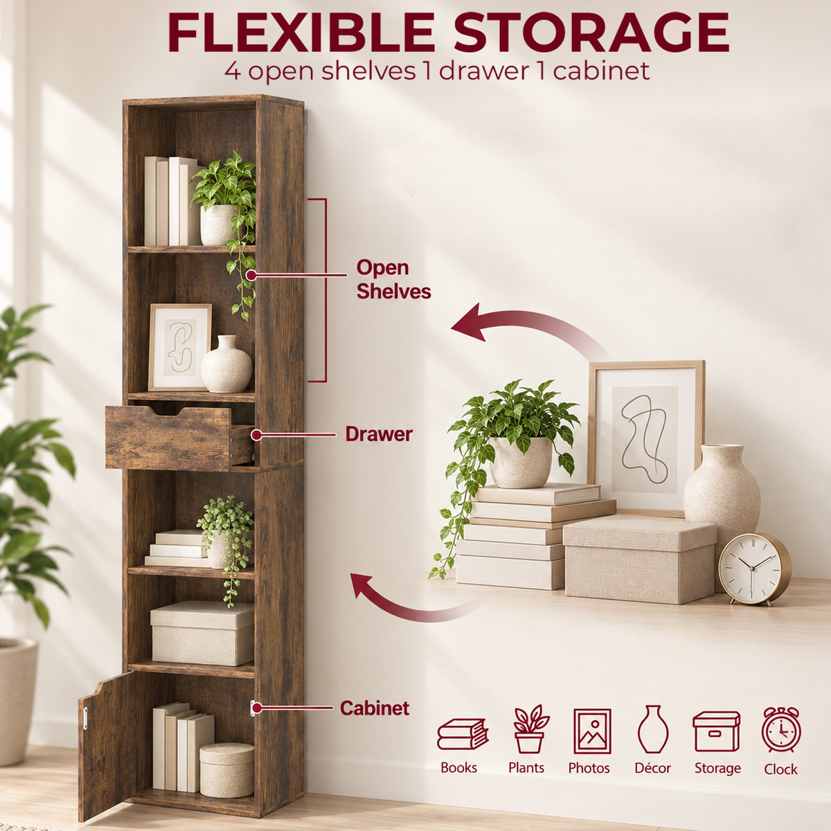 Rustic brown narrow bookshelf layout with open shelves, drawer, and cabinet storage zones