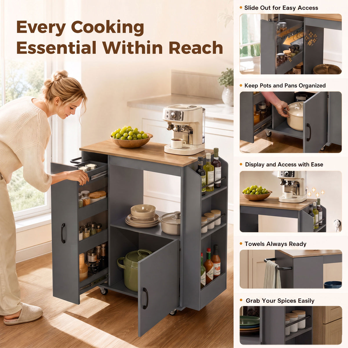 HOMCOM Grey Kitchen Trolley Cart With Power Outlet Drawer