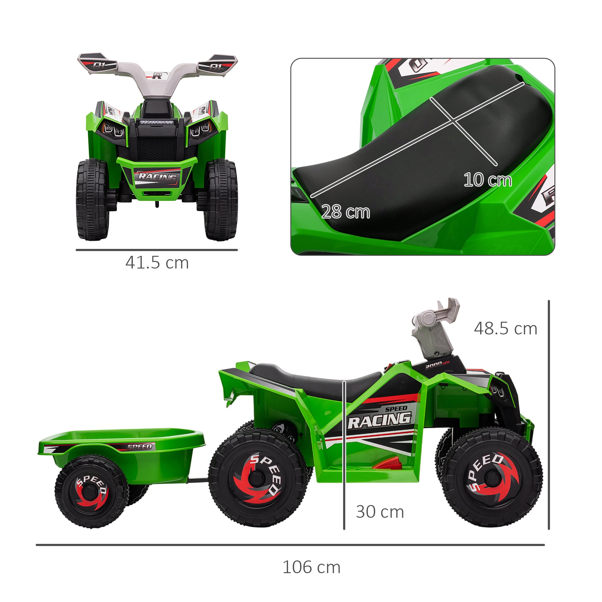 HOMCOM Green Electric Quad Bike with Trailer for Toddlers, Safe 2.5km/h Speed, Wear-Resistant Wheels - ALL4U RETAILER LTD