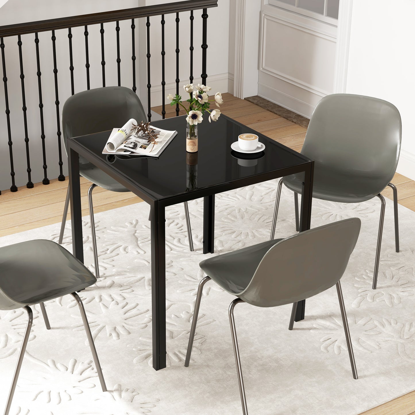 HOMCOM Modern Square Dining Table for Two to Four People with Glass Top and Metal Legs Black