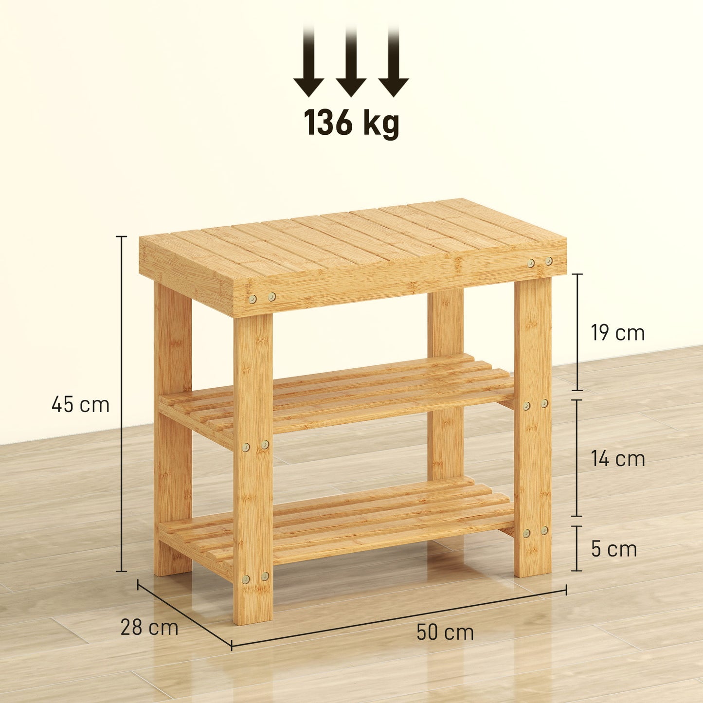 HOMCOM Two Shelf Bamboo Shoe Storage Bench in Natural Finish Holds Four Pairs of Shoes