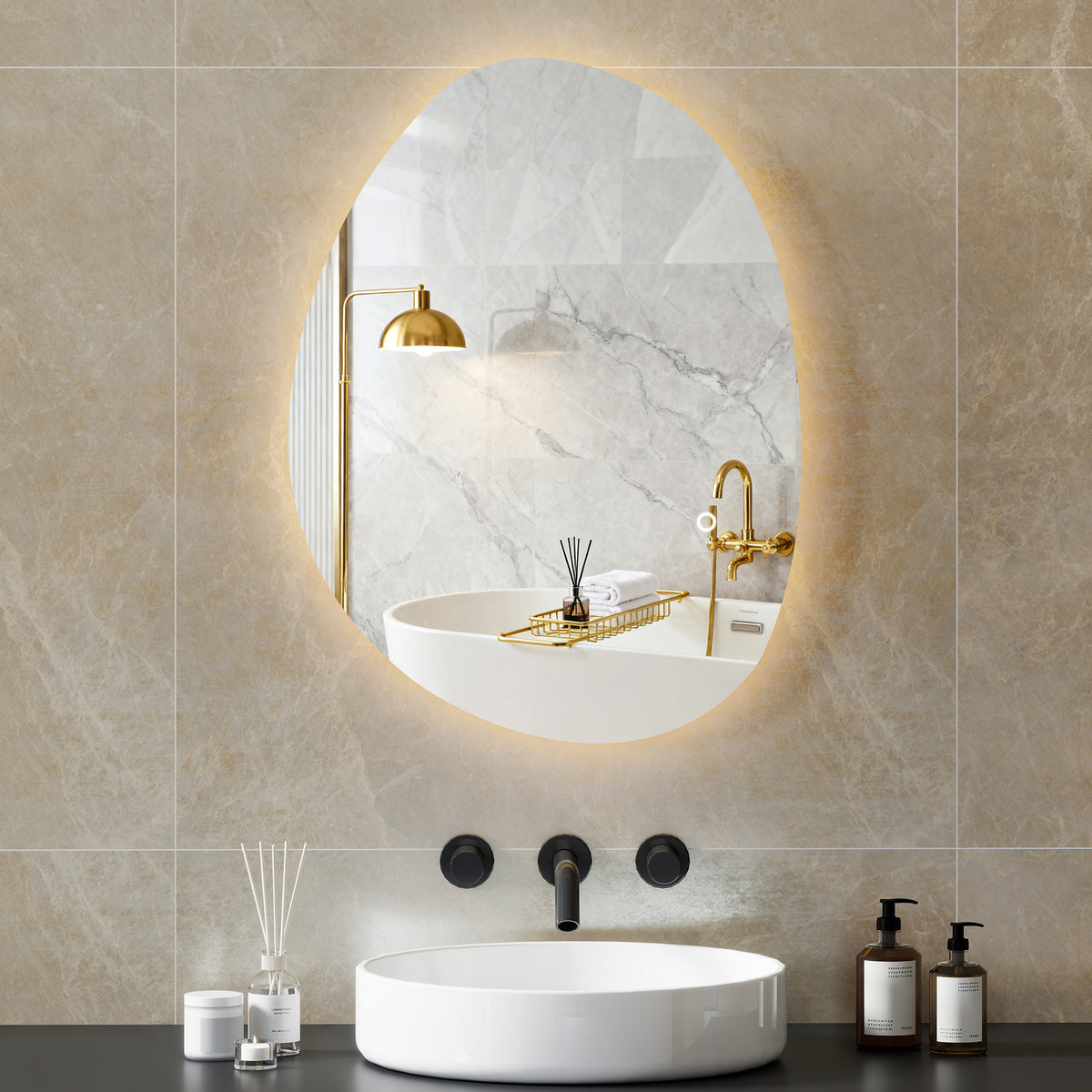 Oval LED bathroom mirror with warm glow ring mounted on tiled wall above sink.
