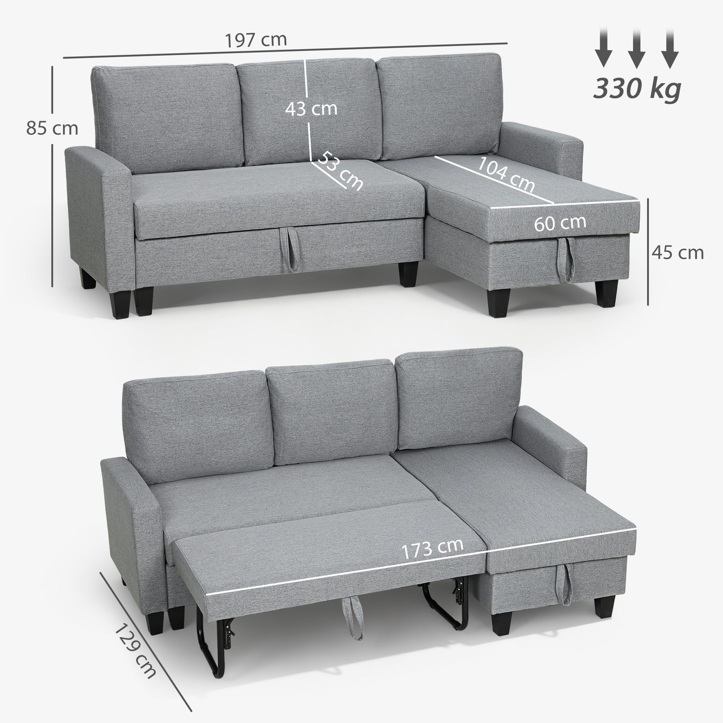 HOMCOM Three Seater Storage Sofa Bed Grey With Hidden Chaise Storage And Linen Look Upholstery