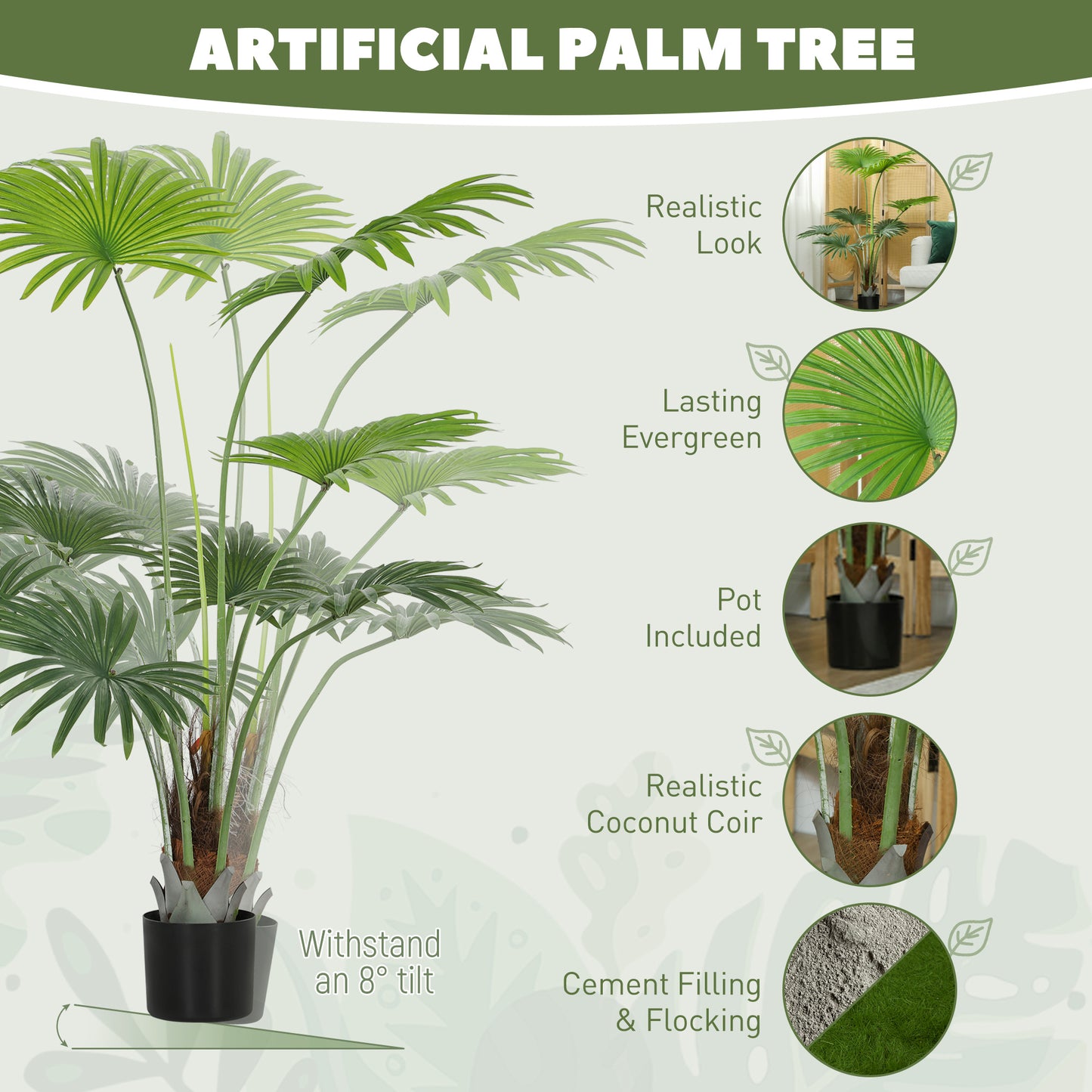 HOMCOM 145cm Artificial Palm Tree With Lifelike PEVA Leaves And Coconut Coir In Plastic Pot For Home Office Decor Green
