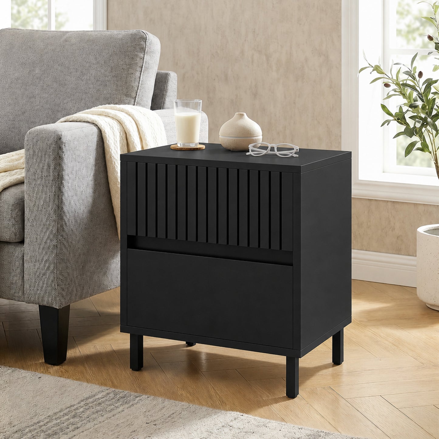 Homcom Black Nightstand With Two Drawers And Steel Legs For Bedroom