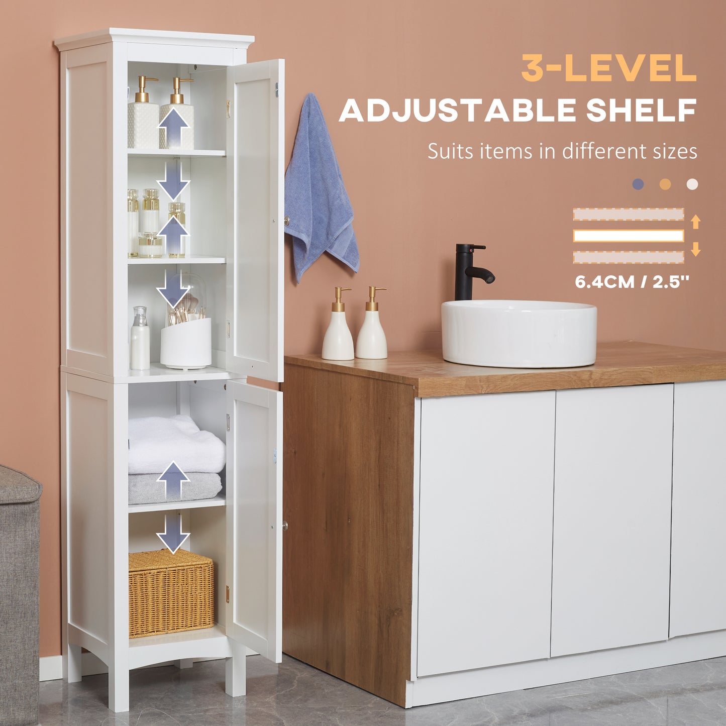 Kleankin Tall Bathroom Storage Unit Slim Cabinet With Adjustable Shelves And Double Doors White