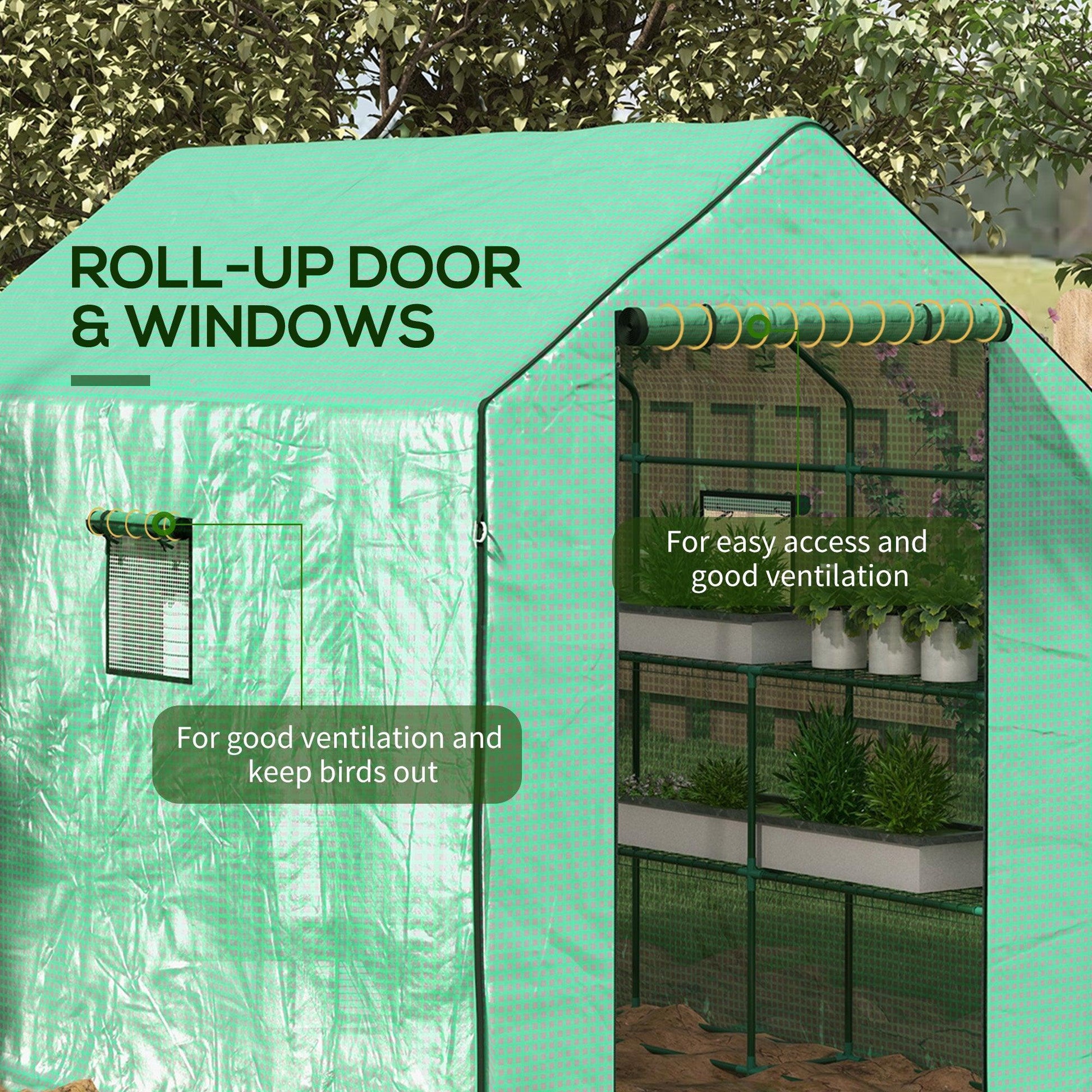 Outsunny Walk-in Greenhouse w/ 3 Tier Shelves, Green House Garden Grow House w/ PE Cover, Roll-up Door, Mesh Windows, 140 x 213 x 190cm, Green - ALL4U RETAILER LTD