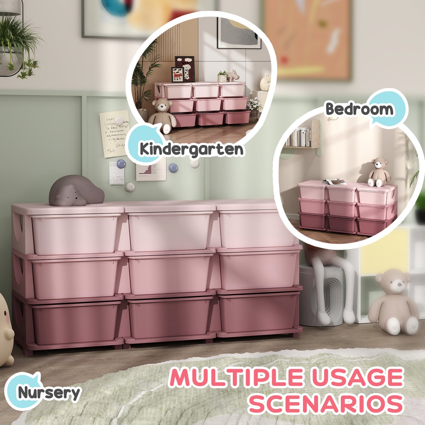 HOMCOM Kids Storage Unit with Nine Drawers Pink Toy Organizer for Toys and Books
