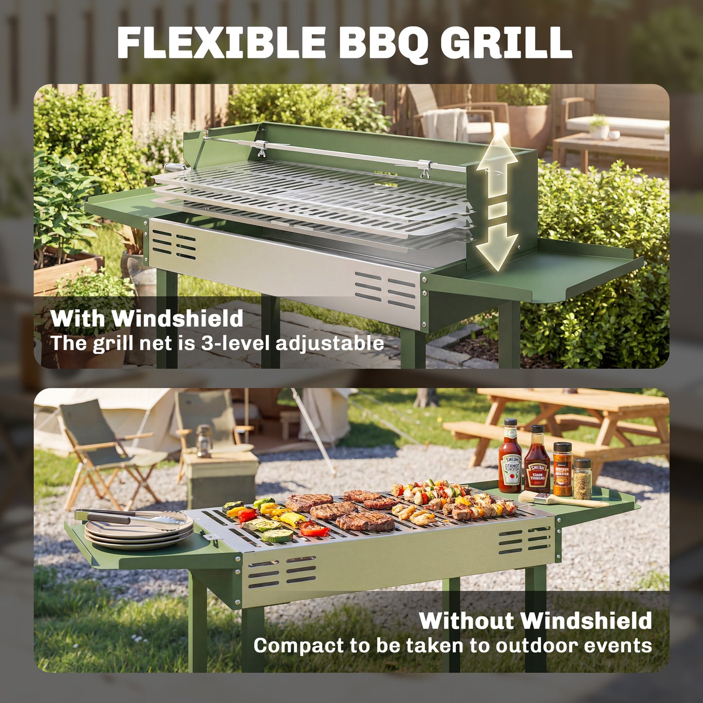 Outsunny Charcoal Rotisserie Grill Roaster Spit With 3 Level Grill Grate And Side Shelves Dark Green For Chicken