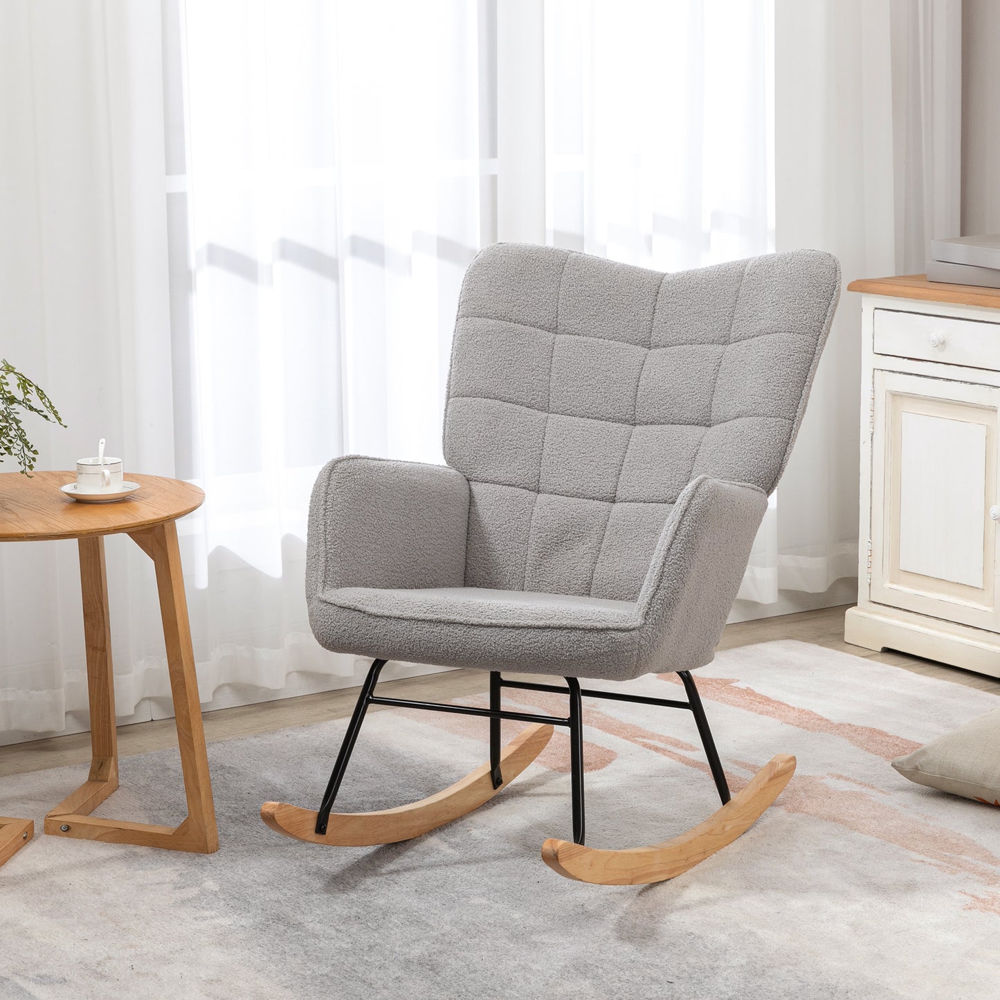 HOMCOM Berber Fleece Nursery Glider Rocker For Nursing And Living Room In Light Grey Wingback Chair