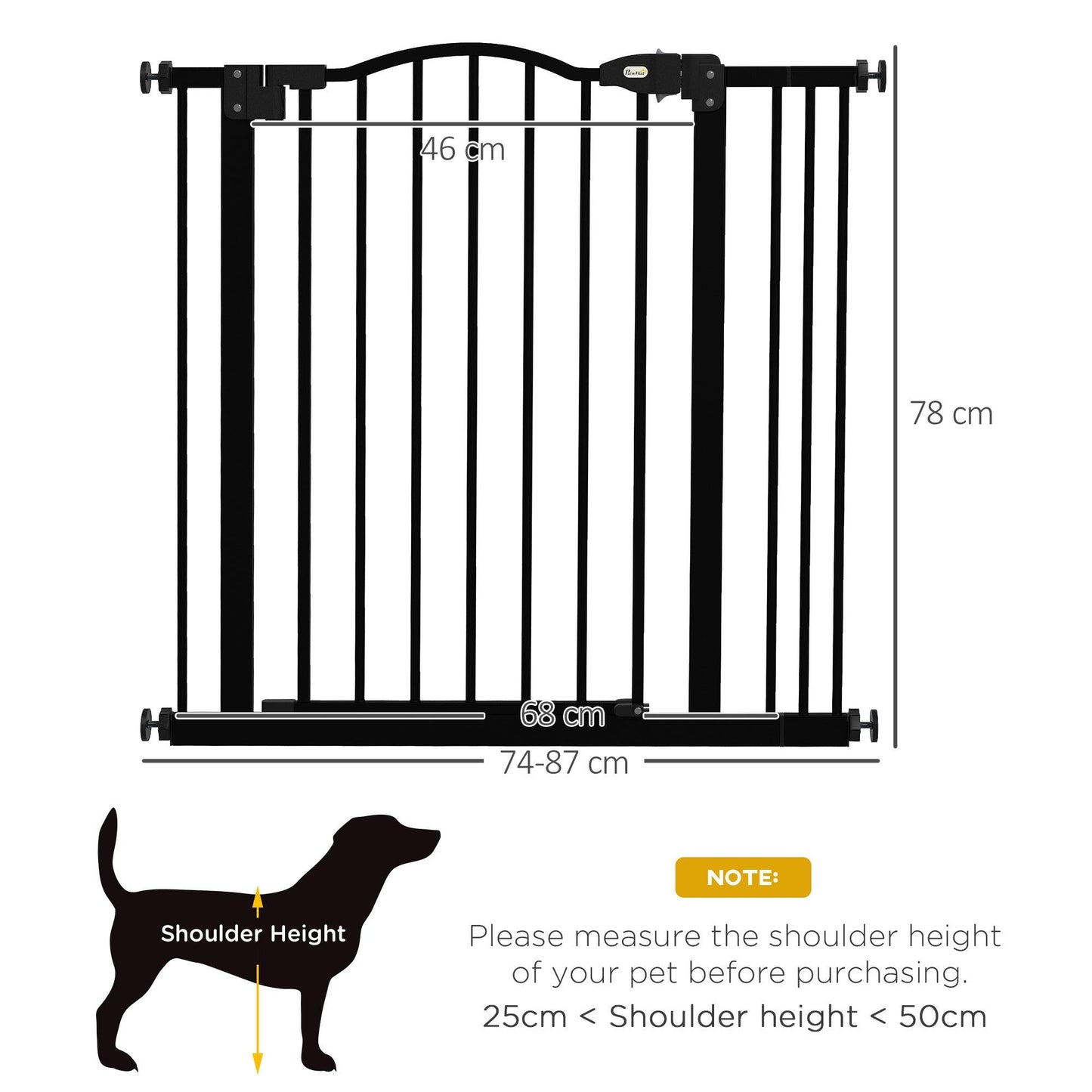 PawHut Metal 74-87cm Adjustable Pet Gate Safety Barrier w/ Auto-Close Door Black - ALL4U RETAILER LTD