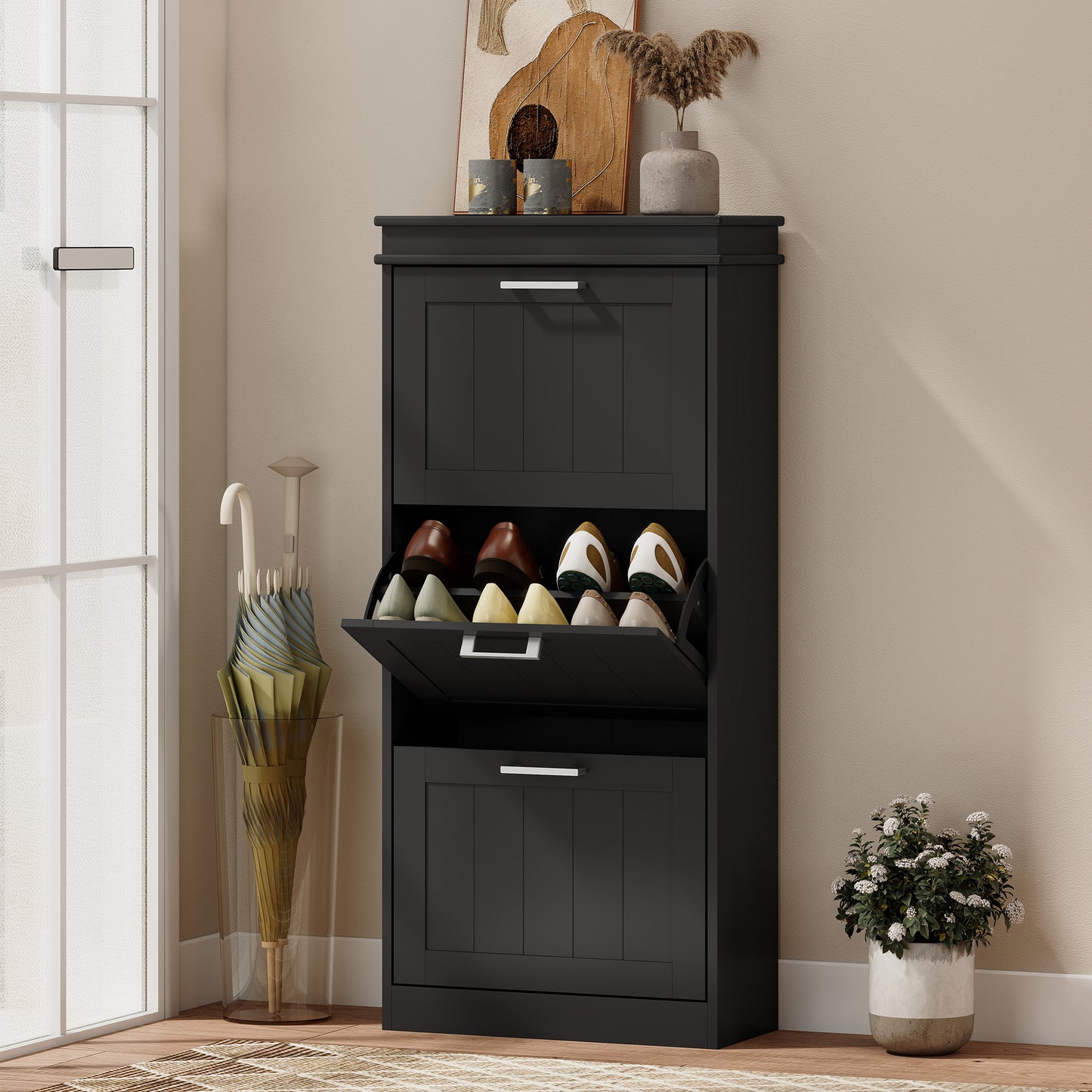 HOMCOM Narrow Three Drawer Minimalistic Shoe Cabinet Black With Adjustable Shelves Fits 15 Pairs