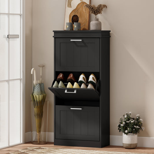 HOMCOM Narrow Three Drawer Minimalistic Shoe Cabinet Black With Adjustable Shelves Fits 15 Pairs