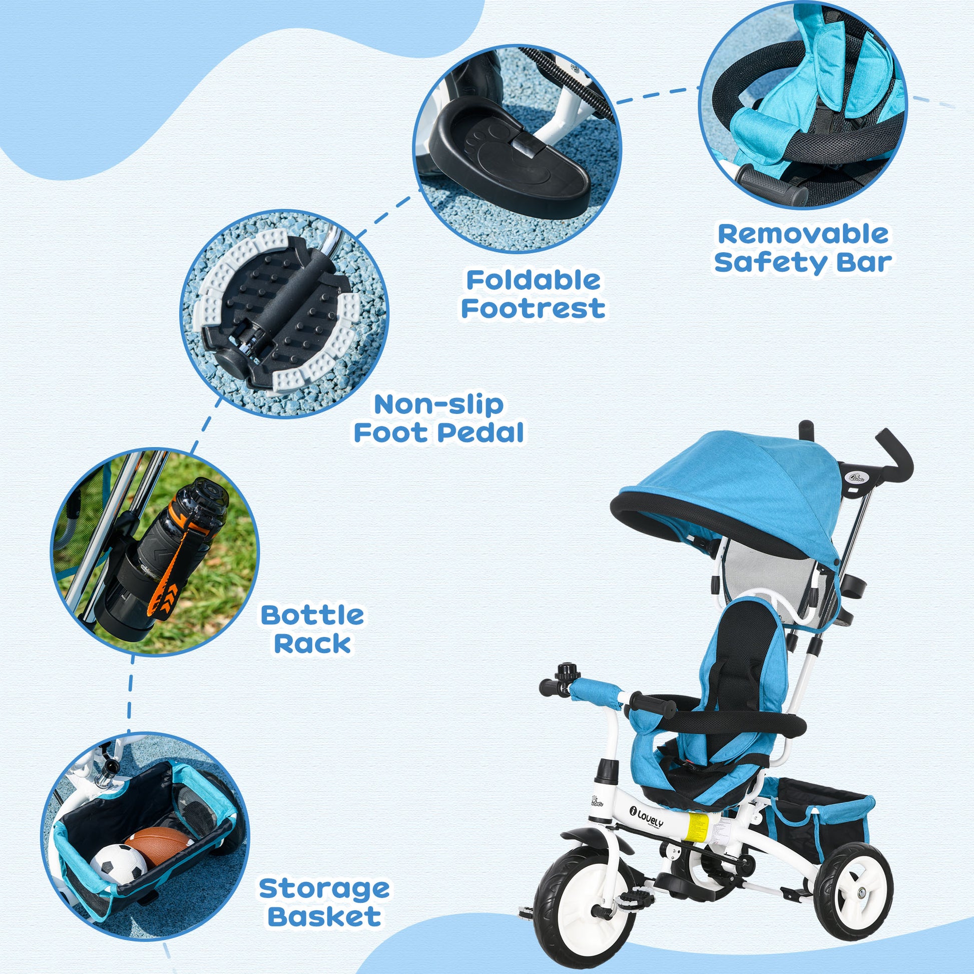 HOMCOM 4-in-1 Adjustable Toddler Tricycle with Canopy, Safety Belt, and Parent Handle for Ages 1-5 - Blue - ALL4U RETAILER LTD