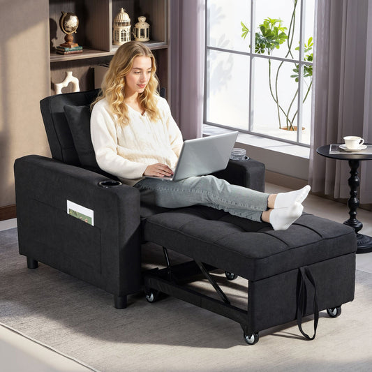 HOMCOM 3 In 1 Single Sofa Bed Convertible Sleeper Chair Bed Perfect For Small Spaces Black