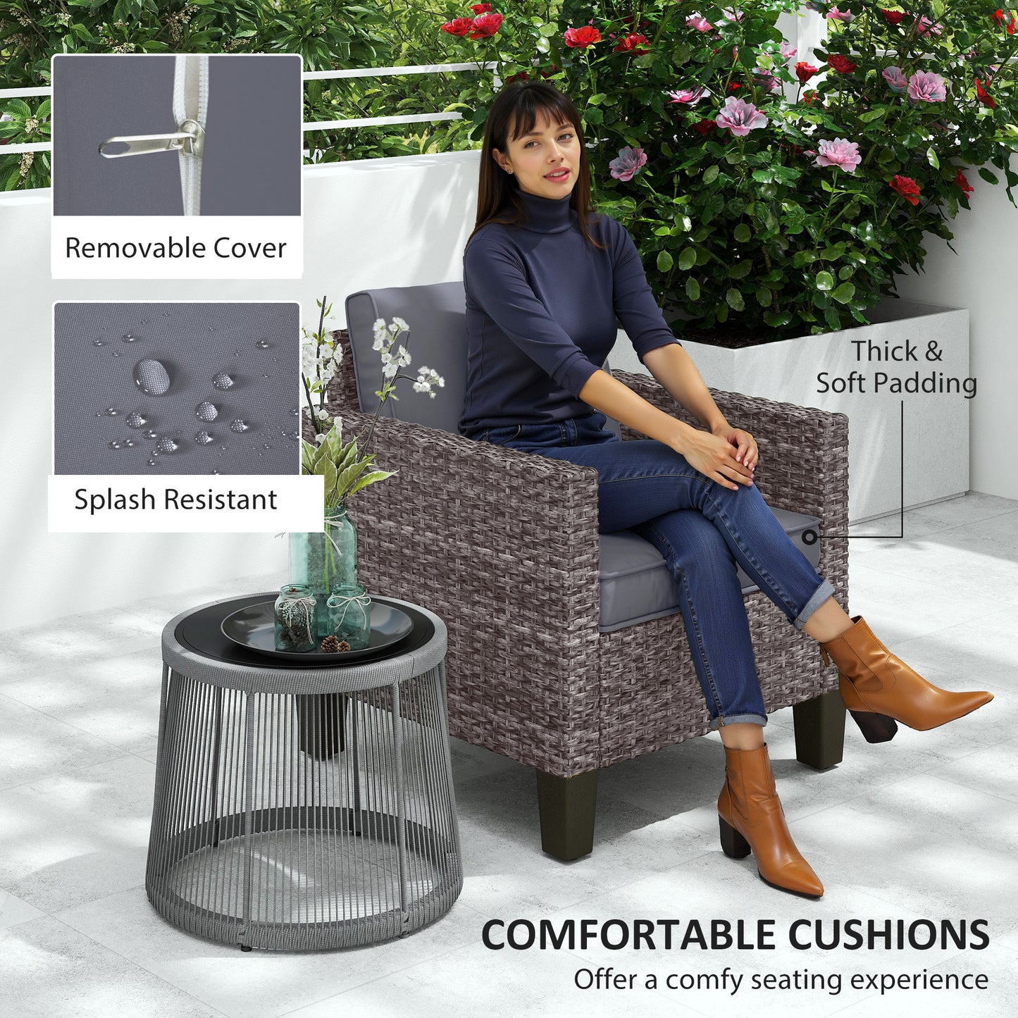 Outsunny Outdoor Single Rattan Armchair With Cushions Mixed Grey For Garden Patio
