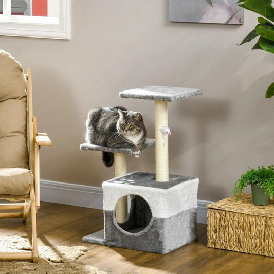 PawHut Cat Tree with Sisal Scratching Posts, House, Perches, Toy Mouse - Grey | Interactive Cat Furniture for Entertainment and Exercise - ALL4U RETAILER LTD