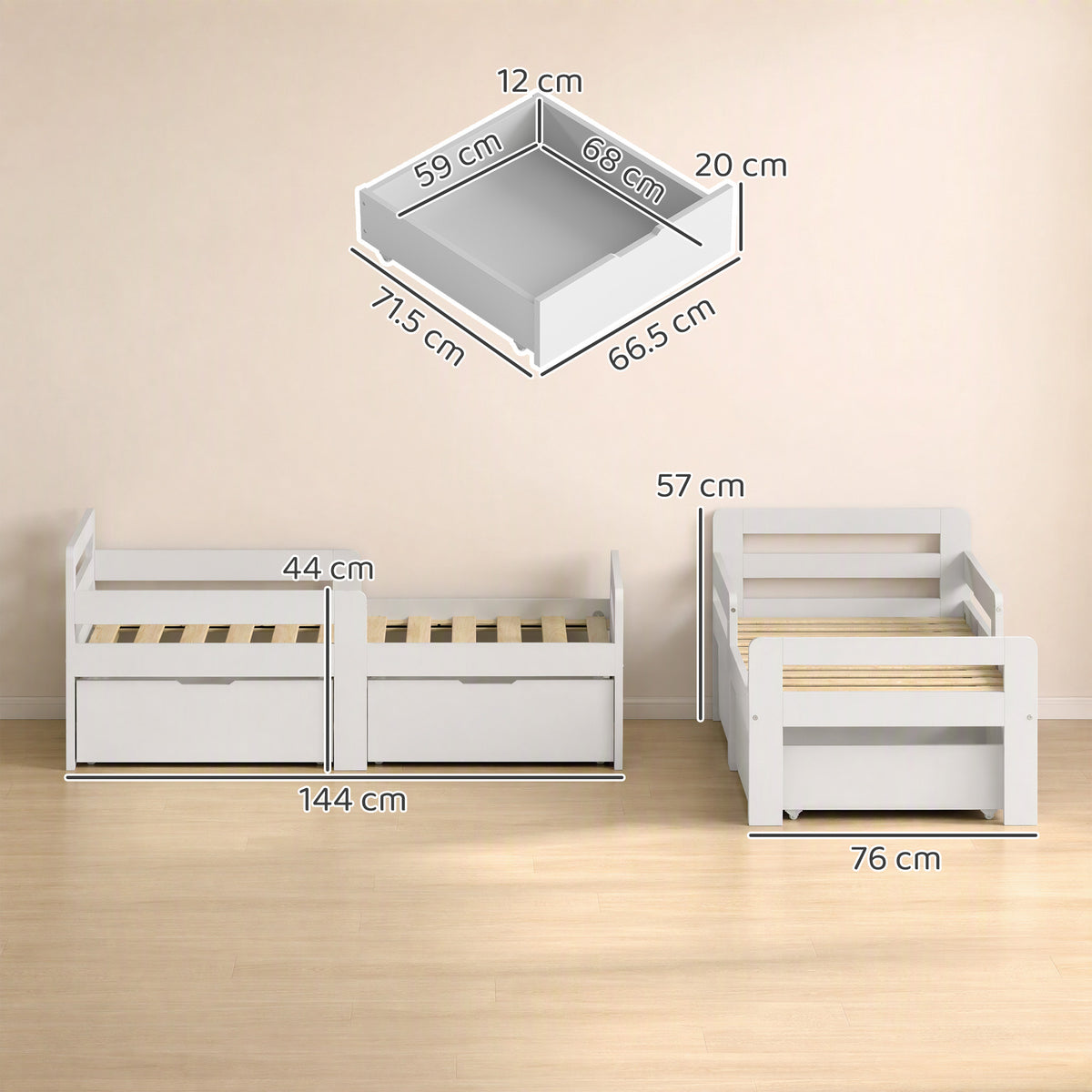Kids bed frame size diagram with labeled measurements for mattress and drawers