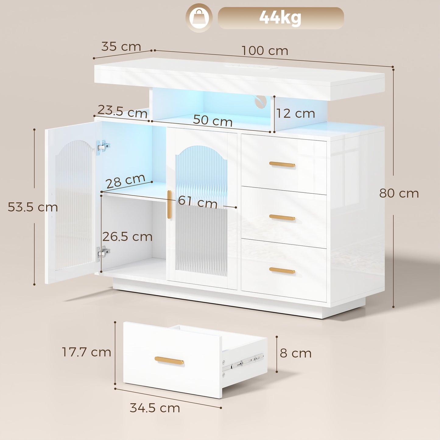 HOMCOM High Gloss Sideboard With LED Lights Built In Power Outlets 3 Drawers Shelves And 2 Acrylic Doors White