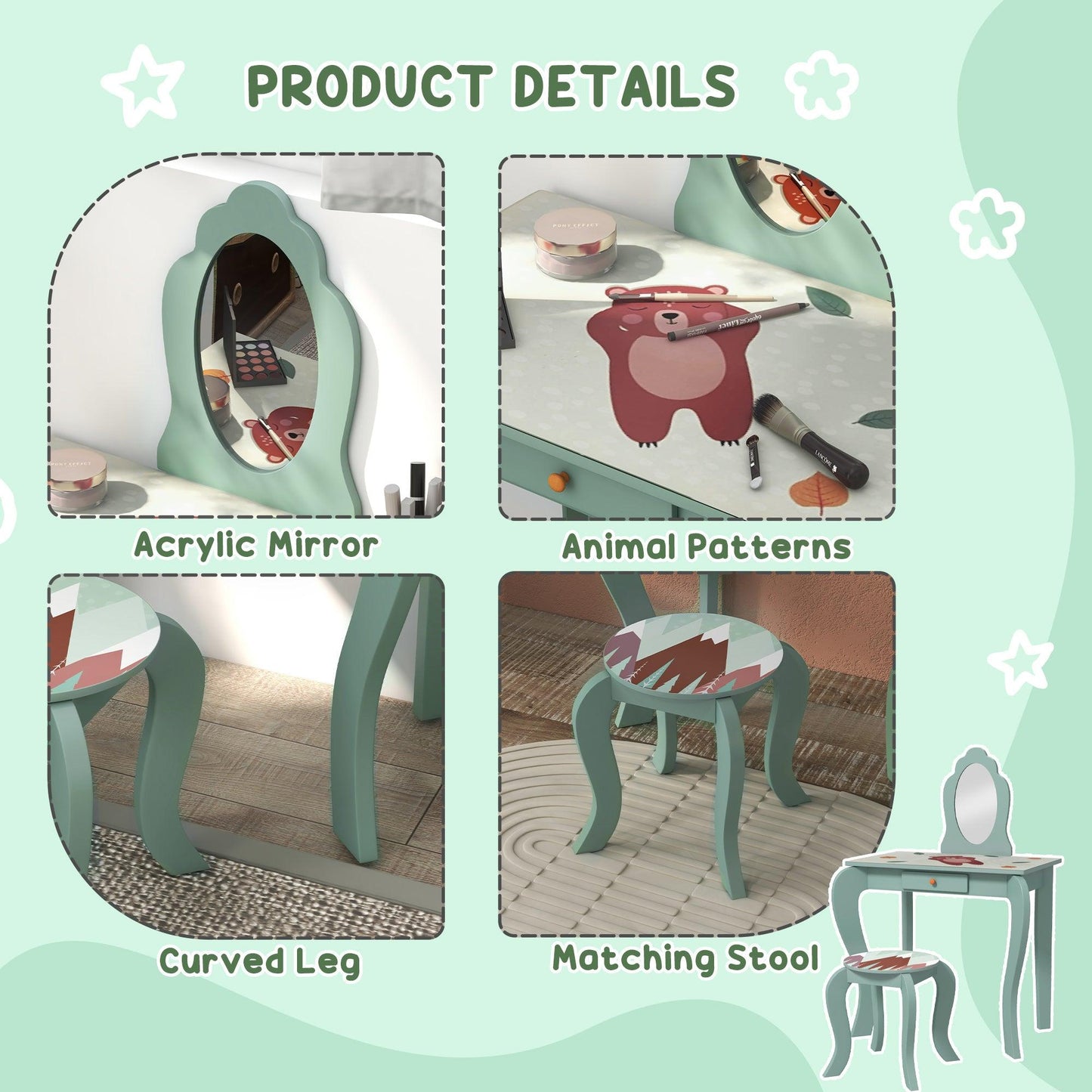 ZONEKIZ Green Kids Dressing Table with Cute Animal Design - 3-6 Years - ALL4U RETAILER LTD