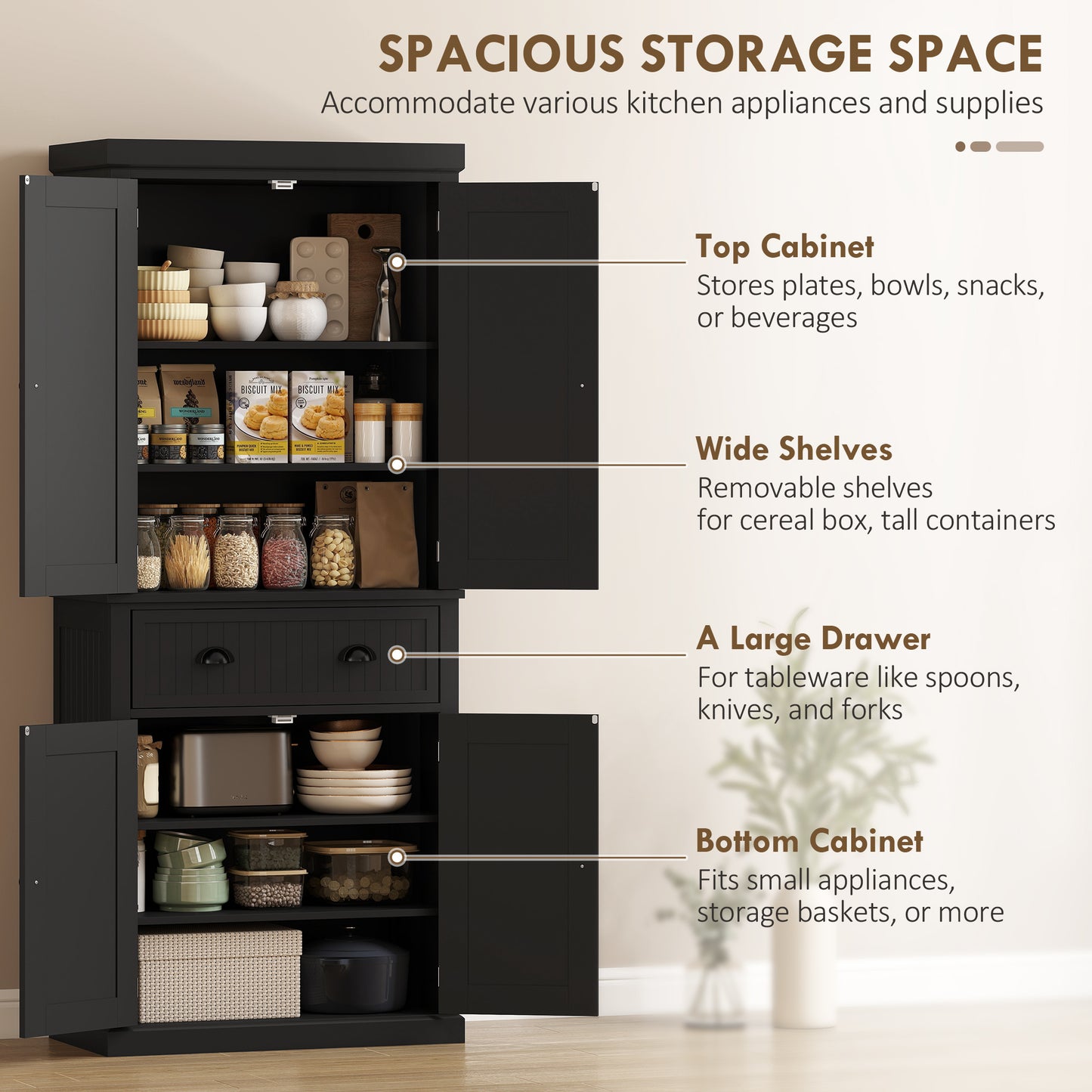 HOMCOM Kitchen Storage Cabinet with 4 Doors and Adjustable Shelves Tall Larder Pantry in Black MDF Construction