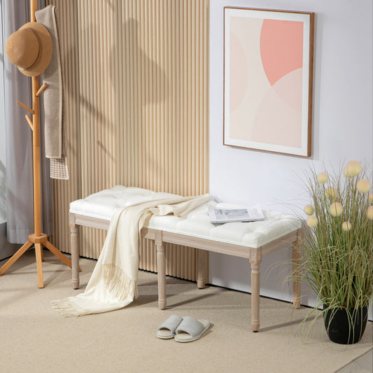 HOMCOM Vintage French Look Bed End Bench Cream White Padded Top Upholstered Wooden Frame With Elegant Carvings