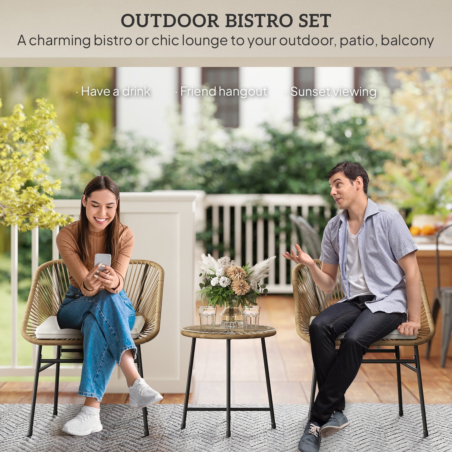 Outsunny 3 Piece Rattan Wicker Bistro Set With Cushions And Glass Top Table For Outdoor Patio Balcony