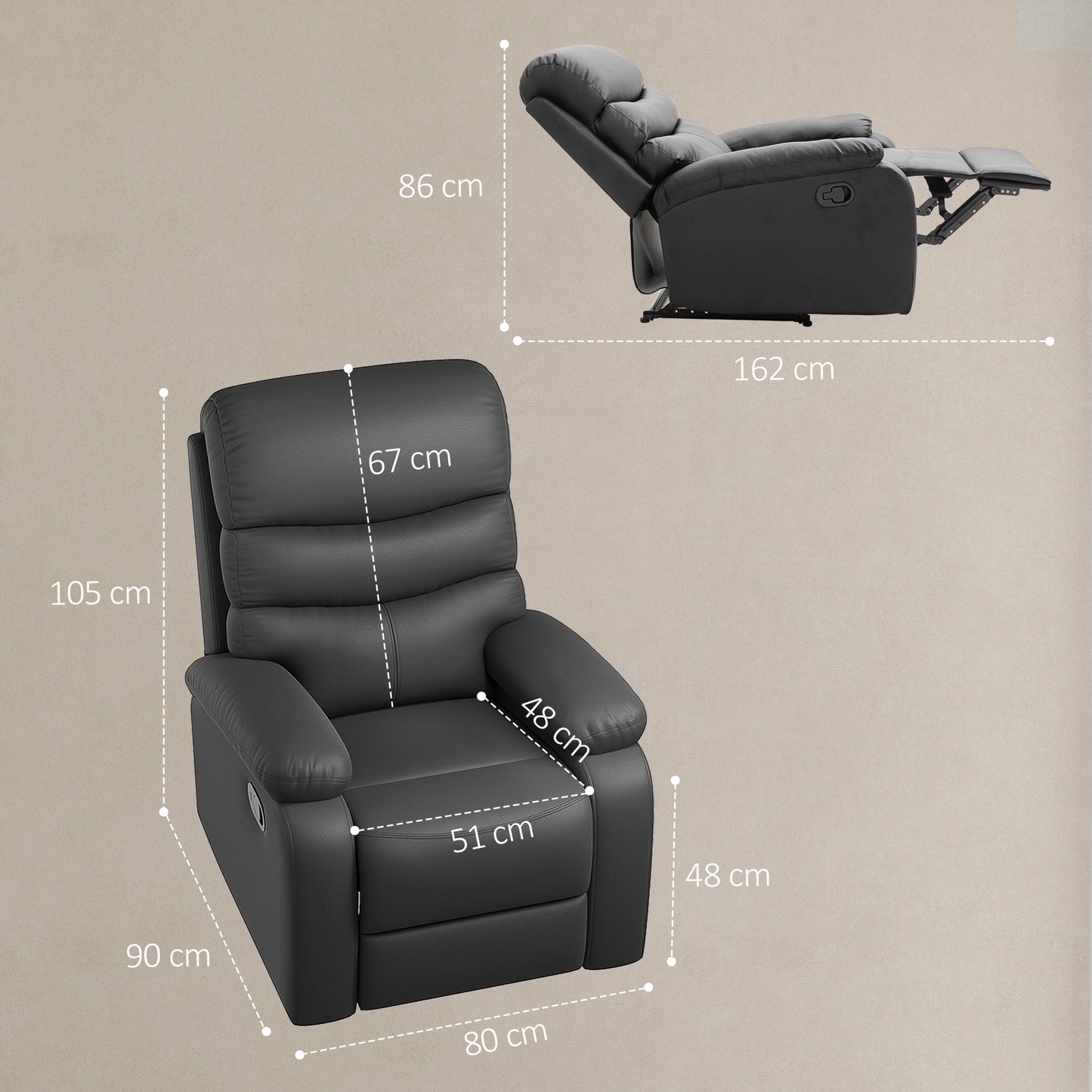 HOMCOM PU Leather Reclining Chair Manual Recliner With Padded Armrests Retractable Footrest Wood Frame Black