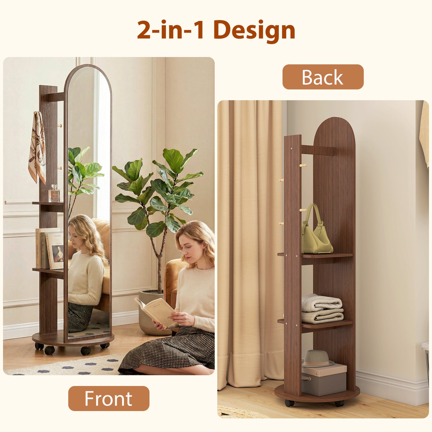 HOMCOM 2 In 1 Full Length Mirror With Storage Shelves Floor Mirror With 4 Wheels Coat Rack And Hooks Brown Wood Effect