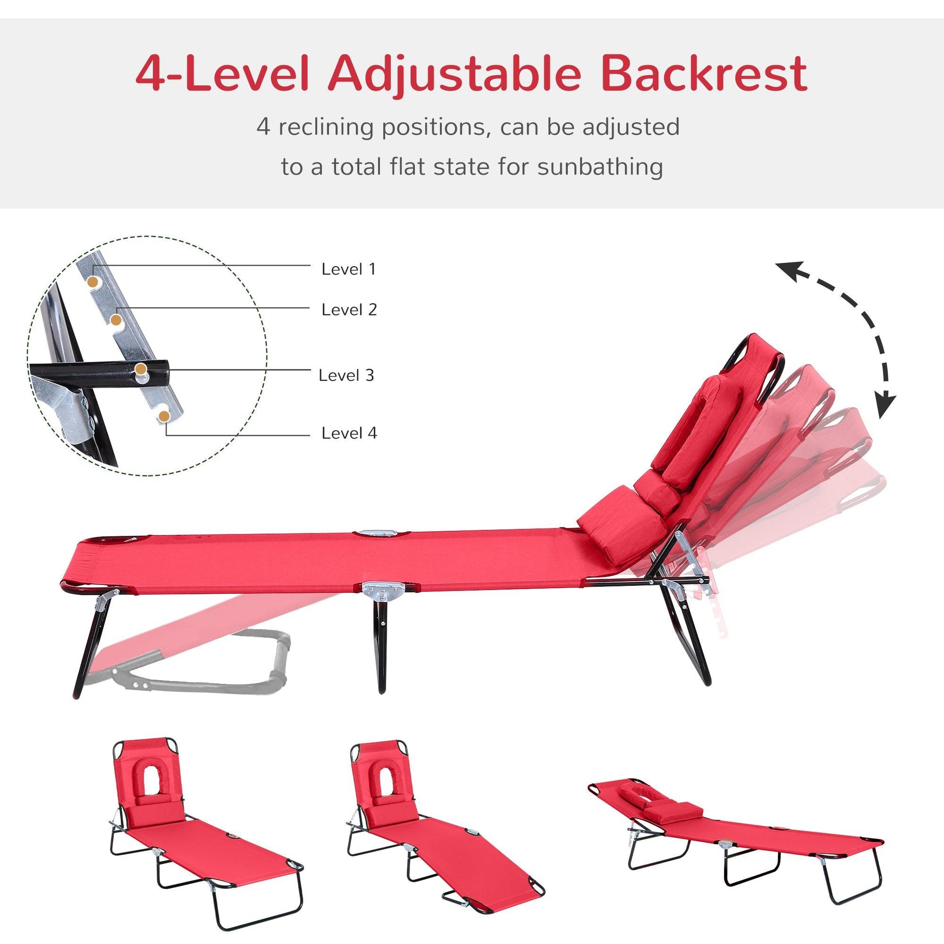 Outsunny Foldable Outdoor Sun Lounger Adjustable Backrest Reclining Chair with Pillow and Reading Hole Garden Beach, Red - ALL4U RETAILER LTD