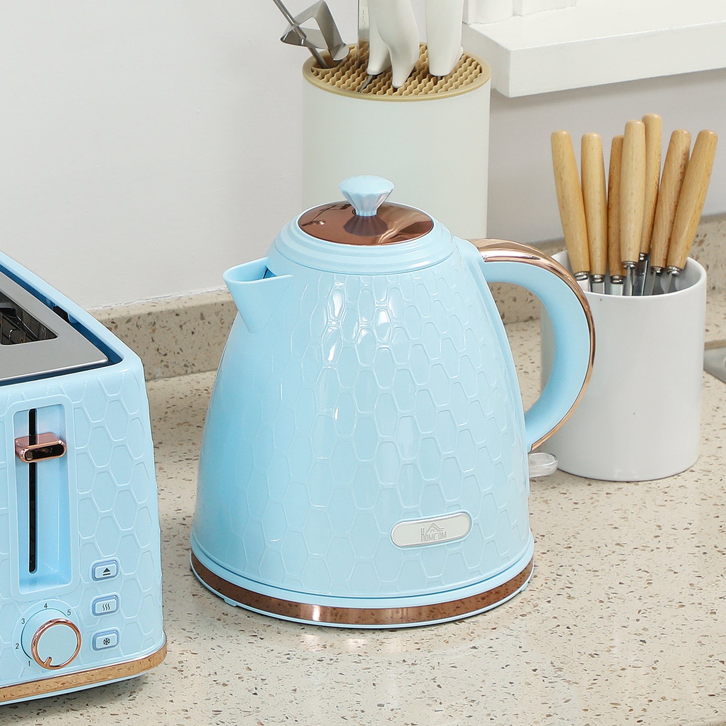 HOMCOM Kettle and Toaster Set 1.7L 3000W 4 Slice Toaster with 7 Browning Levels Light Blue Honeycomb Pattern