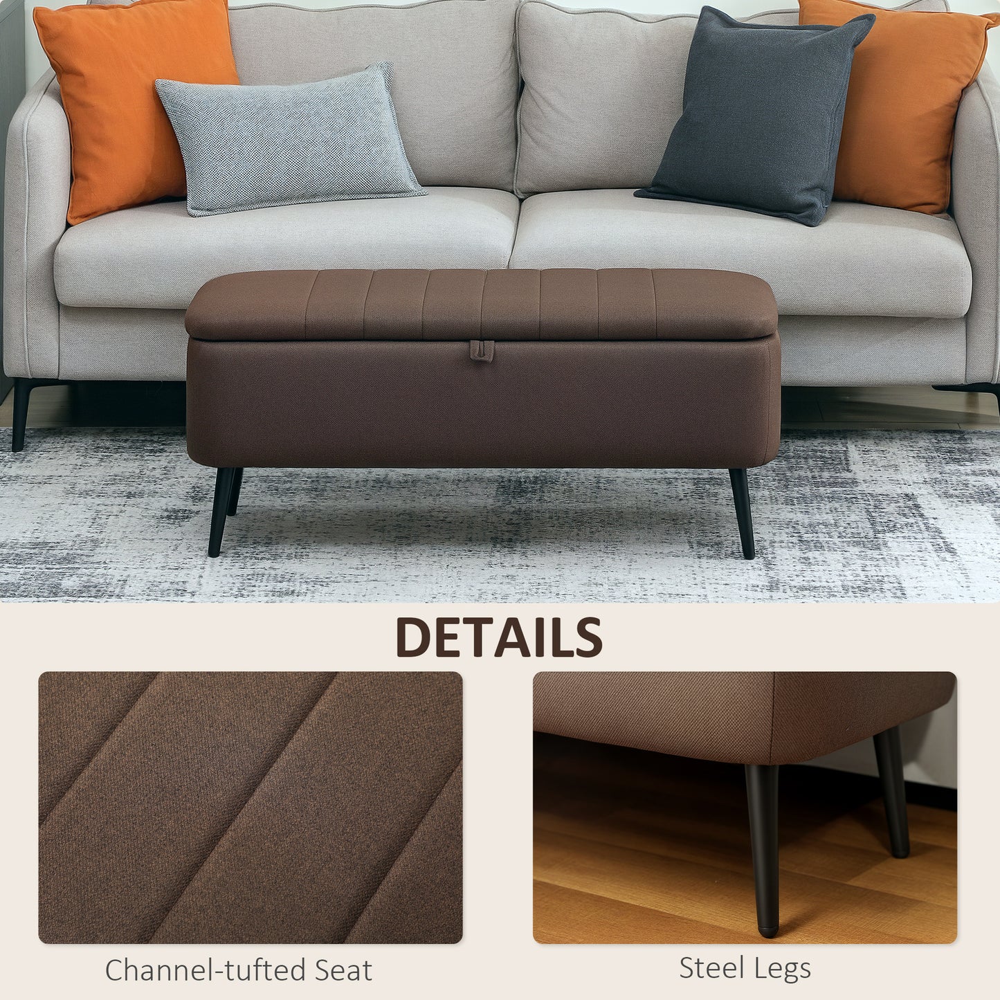 HOMCOM Linen Look Storage Ottoman 92 By 31 Cm Dark Brown With Padded Lid For Living Room And Bedroom