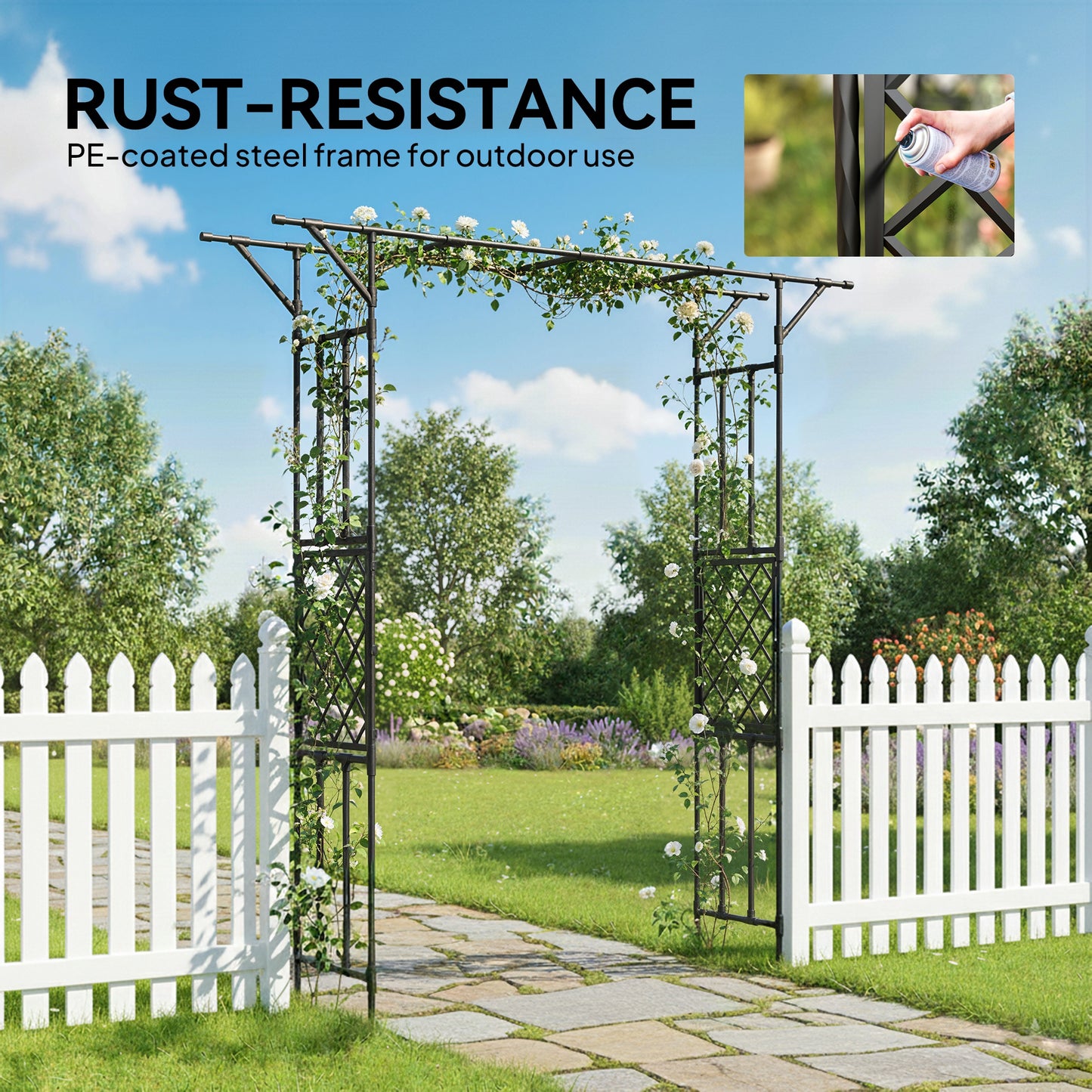 Outsunny Garden Arch With Trellis For Climbing Plants PE Coated Steel Arbour Black 180 x 40 x 215 cm
