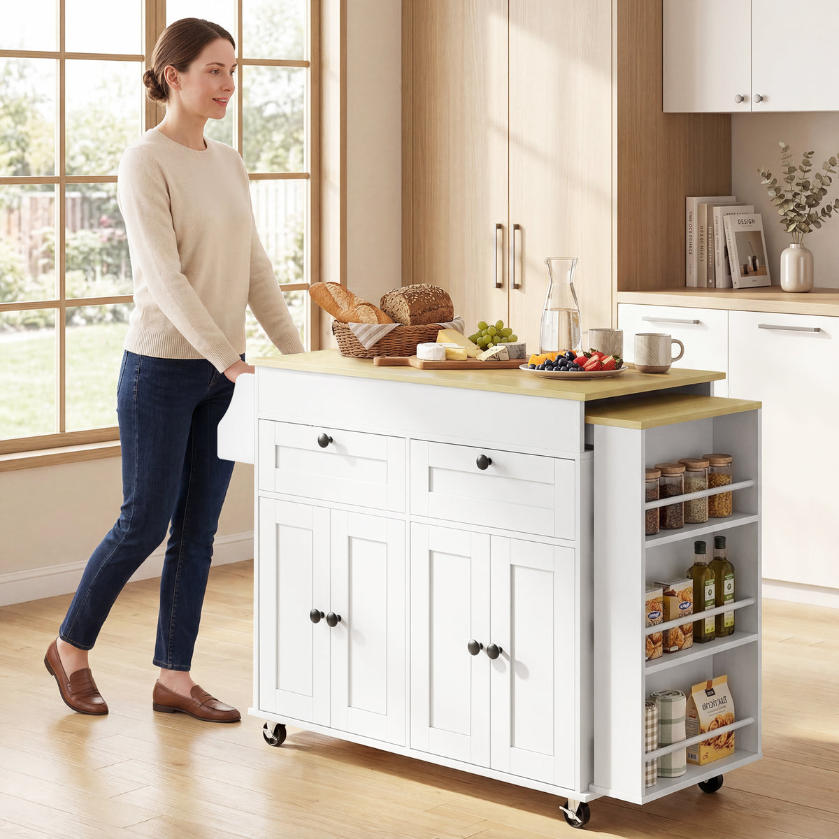 Rolling kitchen island with white cabinet doors, light wood worktop, and pantry shelves on wheels.