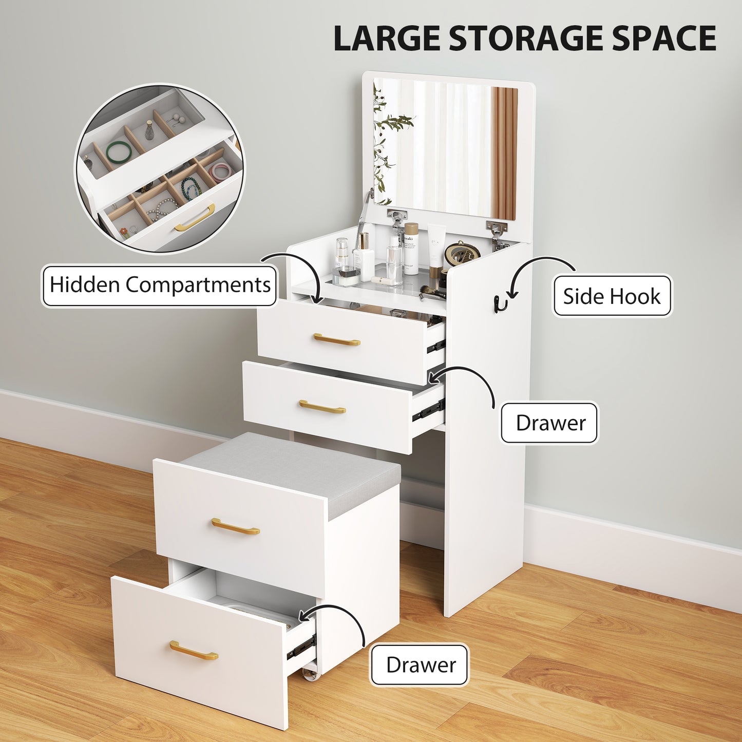 HOMCOM Compact Dressing Table And Stool Set With White Mirror And Storage Two Drawers And Eight Grid Storage