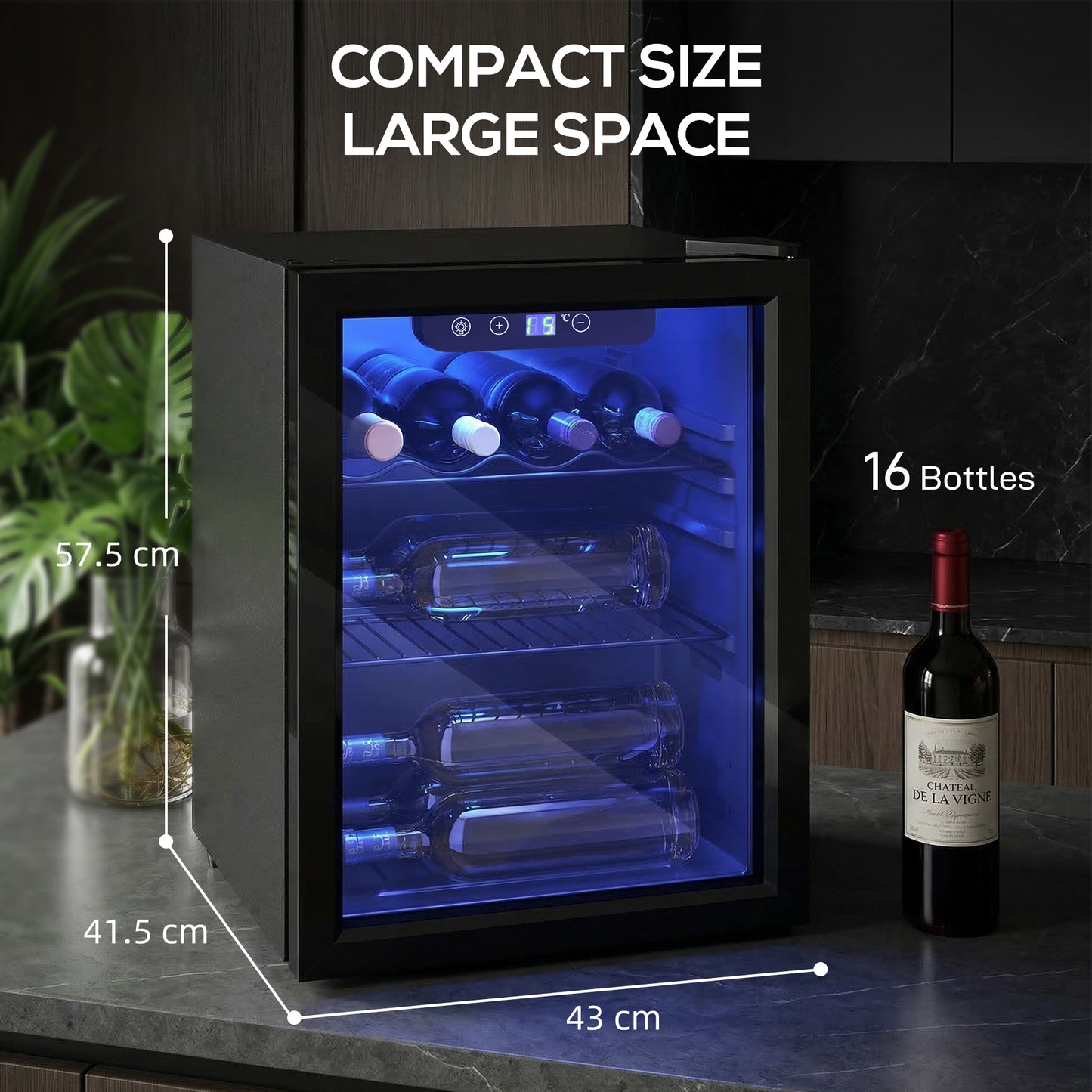 HOMCOM 16 Bottle Wine Cooler 48 Litre Capacity Under Counter Glass Door 4 to 16 Celsius LED Light Black