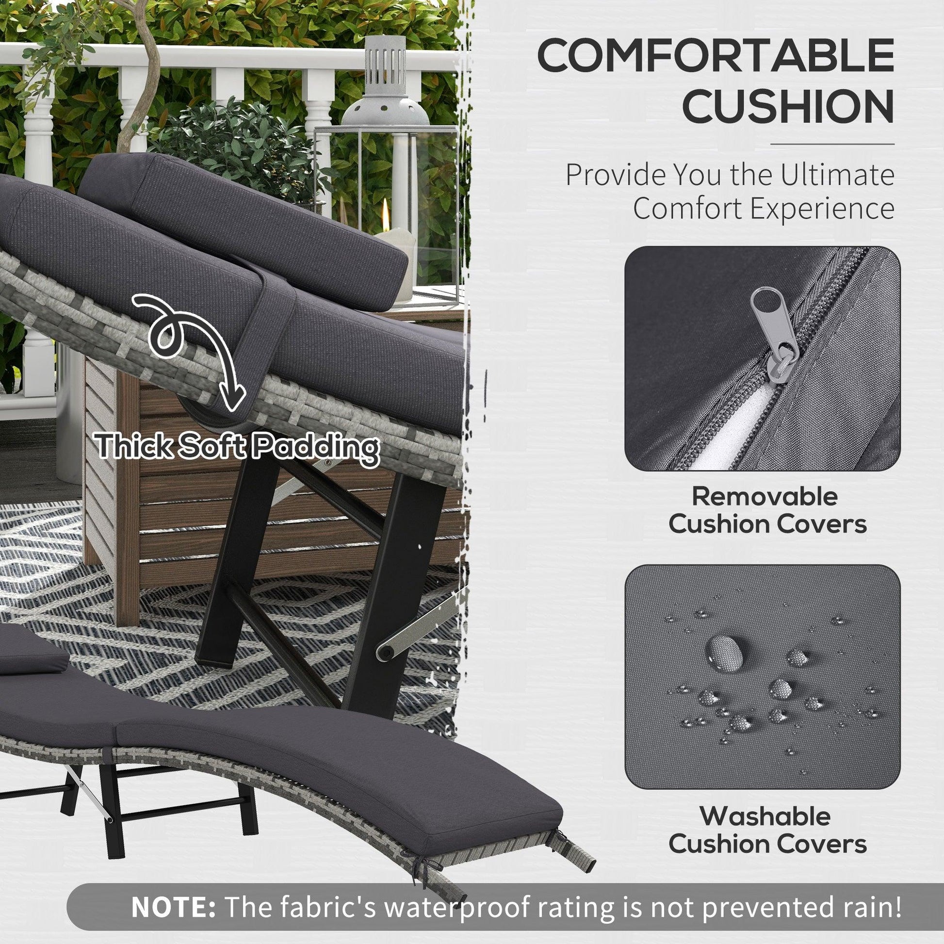 Outsunny Rattan Folding Sun Lounger Outdoor Chair with Cushion and Pillow Grey - ALL4U RETAILER LTD