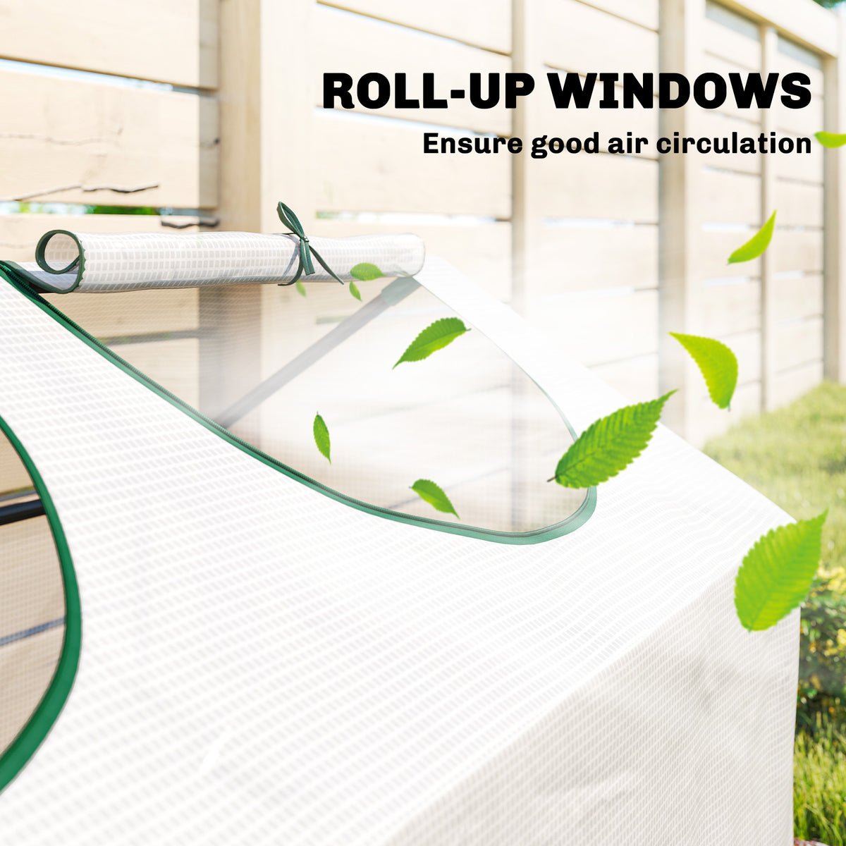 Portable mini greenhouse white cover with rolled-up window openings and green piping