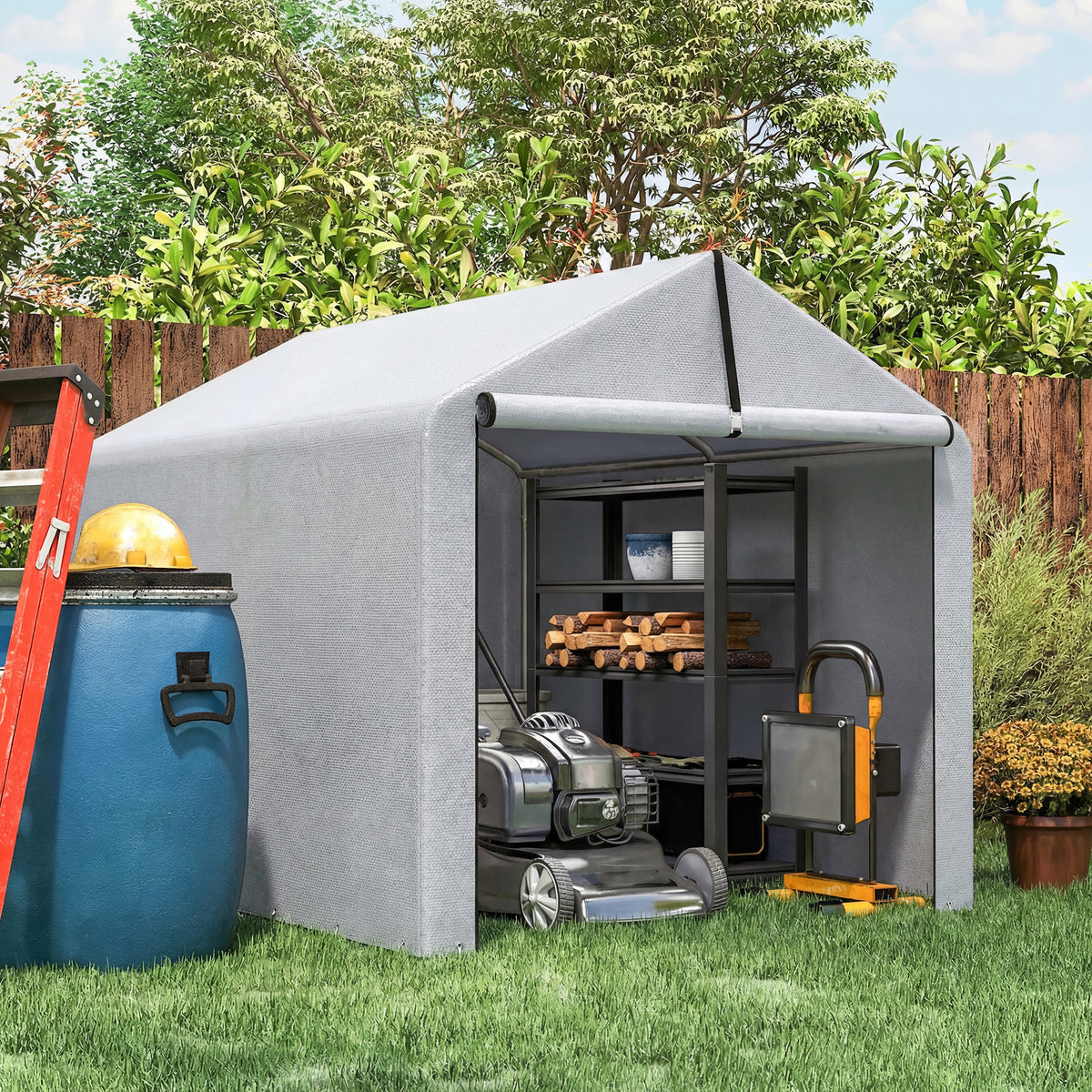 Waterproof garden shed with roll-up zipper door, gray fabric, lawn tools inside