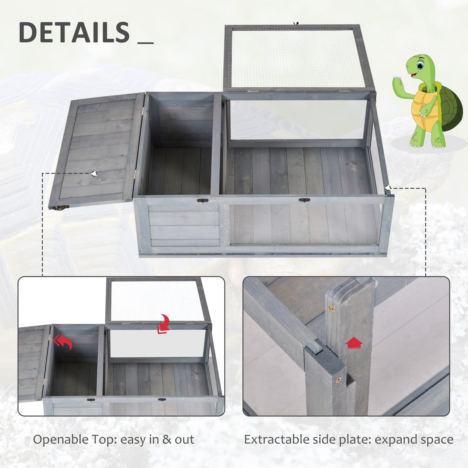 PawHut Wooden Tortoise Enclosure with Ventilated Mesh Roof, Expandable Small Pet Habitat for Indoor and Outdoor Use, Grey - ALL4U RETAILER LTD