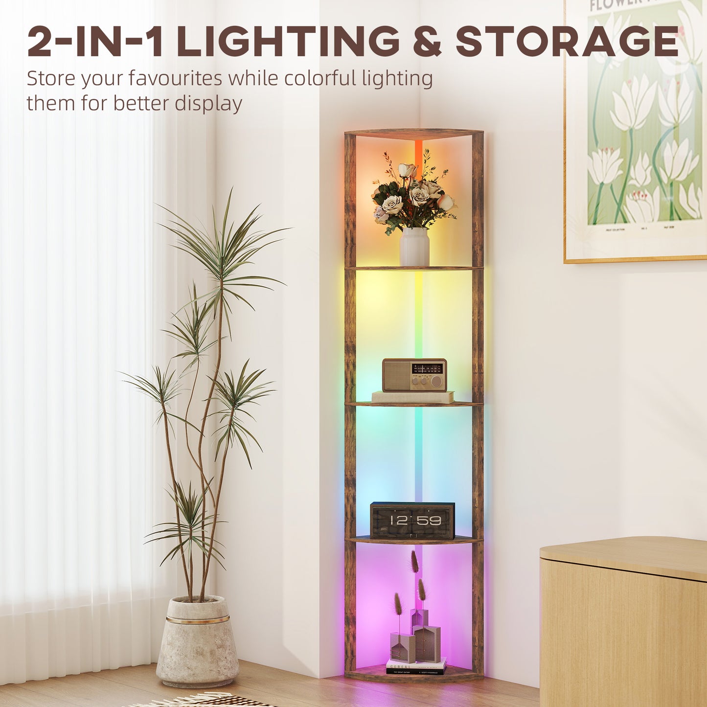 HOMCOM RGB Standing Lamp With Shelves Multi Tier LED Floor Lamp With RGB Lighting Modes Rustic Brown