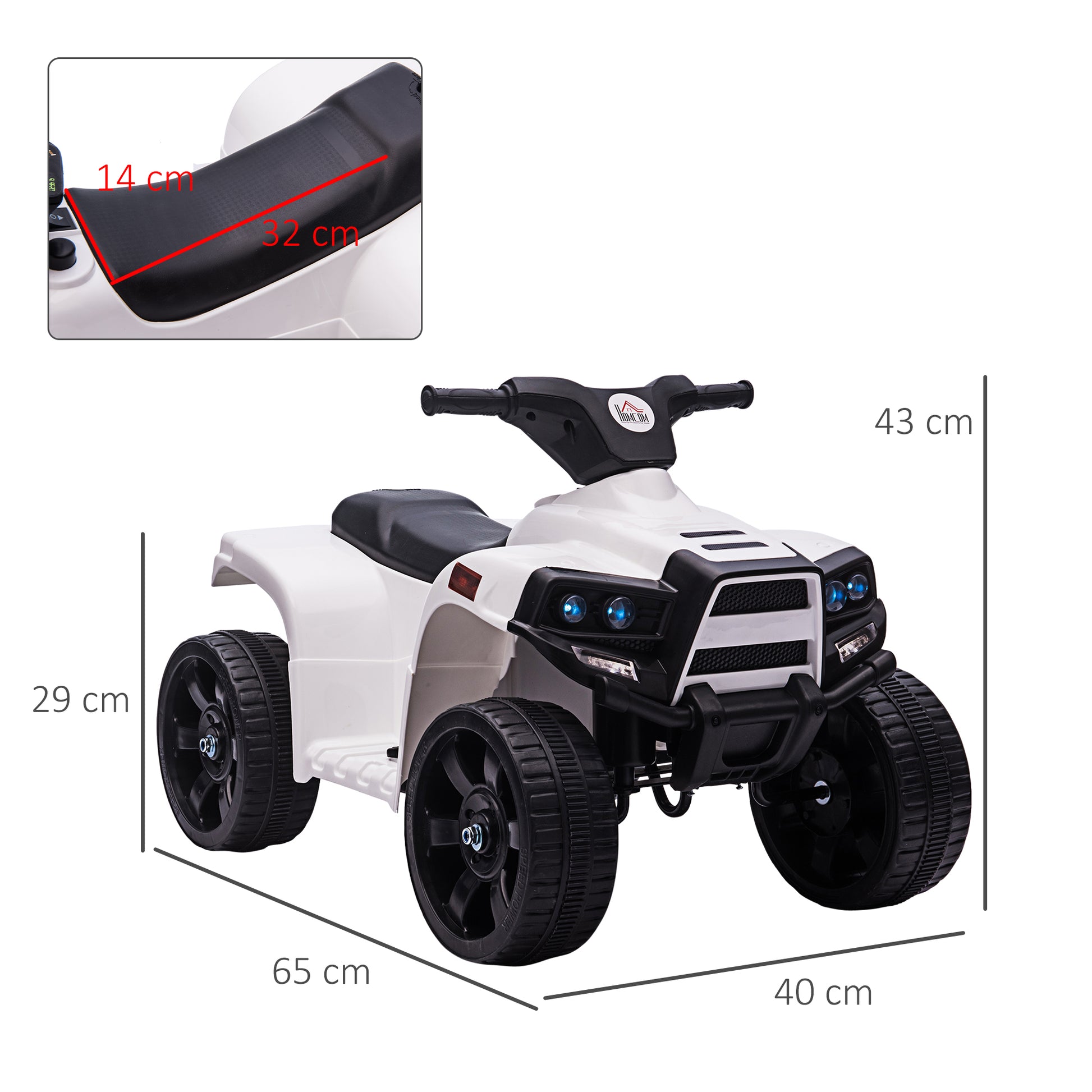 HOMCOM 6V Electric ATV Quad Bike for Toddlers - Battery-Powered Ride-On with Headlights, White & Black, Ages 18-36 Months - ALL4U RETAILER LTD