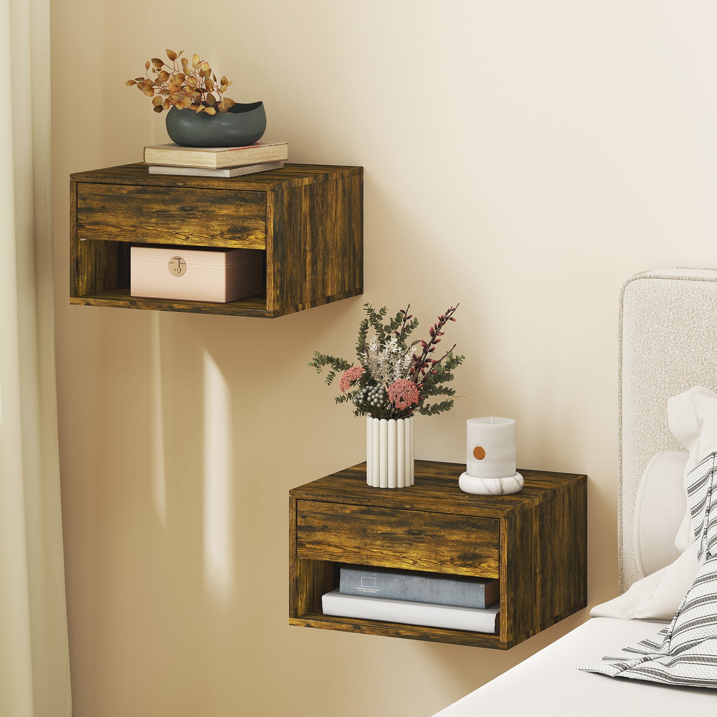 HOMCOM Set Of Two Rustic Brown Floating Bedside Tables With Drawer