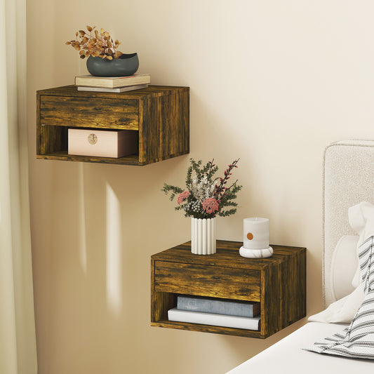 HOMCOM floating bedside table set of two, rustic brown wood, with drawer shelves