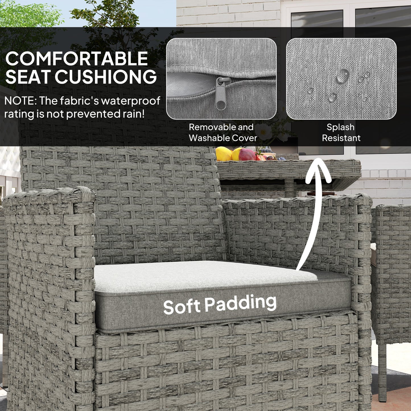 Outsunny Rattan Garden Furniture Set 4 Seater Outdoor Dining Table And Chairs With Cushions Grey Square Glass Top