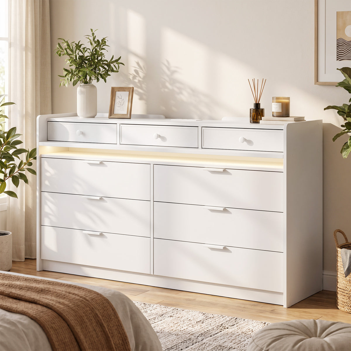 White dresser with LED light strip along the center and wide drawer storage